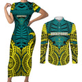 Personalized Hockeyroos Kangaroo Field Hockey Couples Matching Short Sleeve Bodycon Dress and Long Sleeve Button Shirt Tribal Geometric Green Gold Symmetrical Pattern Design