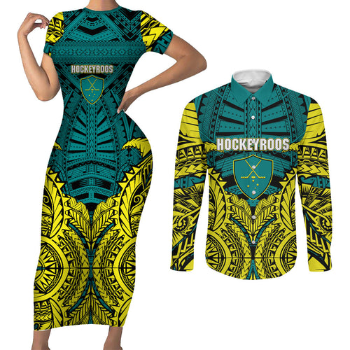 Personalized Hockeyroos Kangaroo Field Hockey Couples Matching Short Sleeve Bodycon Dress and Long Sleeve Button Shirt Tribal Geometric Green Gold Symmetrical Pattern Design