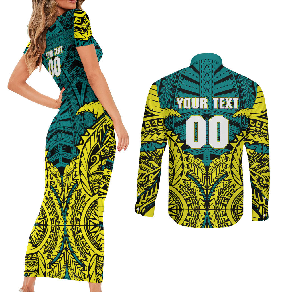Personalized Hockeyroos Kangaroo Field Hockey Couples Matching Short Sleeve Bodycon Dress and Long Sleeve Button Shirt Tribal Geometric Green Gold Symmetrical Pattern Design