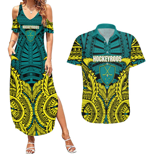 Personalized Hockeyroos Kangaroo Field Hockey Couples Matching Summer Maxi Dress and Hawaiian Shirt Tribal Geometric Green Gold Symmetrical Pattern Design
