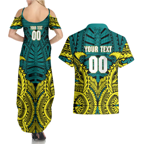Personalized Hockeyroos Kangaroo Field Hockey Couples Matching Summer Maxi Dress and Hawaiian Shirt Tribal Geometric Green Gold Symmetrical Pattern Design