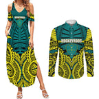 Personalized Hockeyroos Kangaroo Field Hockey Couples Matching Summer Maxi Dress and Long Sleeve Button Shirt Tribal Geometric Green Gold Symmetrical Pattern Design