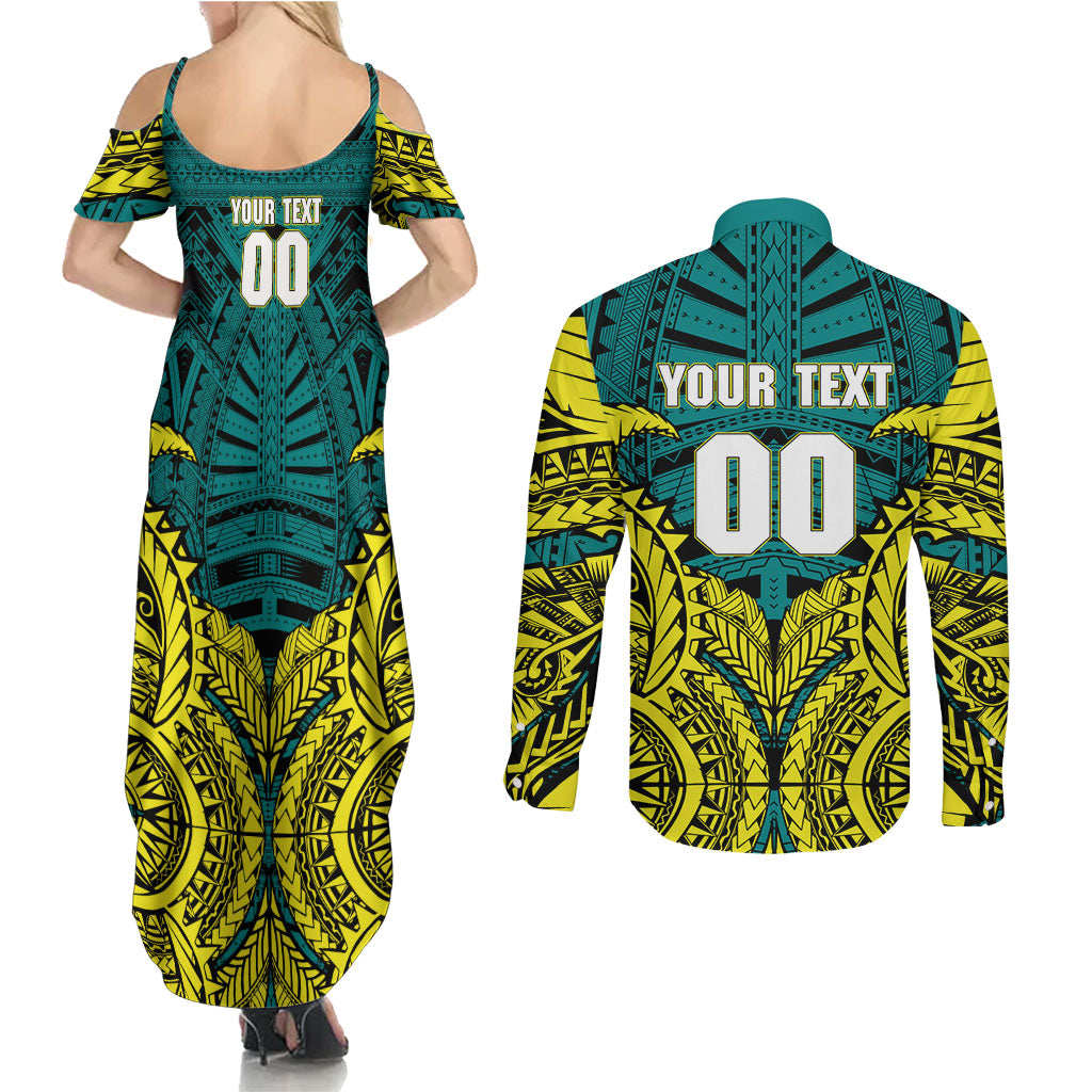 Personalized Hockeyroos Kangaroo Field Hockey Couples Matching Summer Maxi Dress and Long Sleeve Button Shirt Tribal Geometric Green Gold Symmetrical Pattern Design