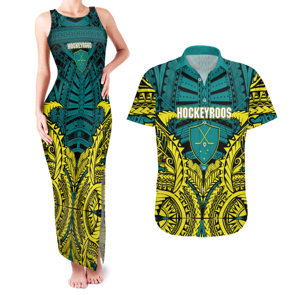 Personalized Hockeyroos Kangaroo Field Hockey Couples Matching Tank Maxi Dress and Hawaiian Shirt Tribal Geometric Green Gold Symmetrical Pattern Design