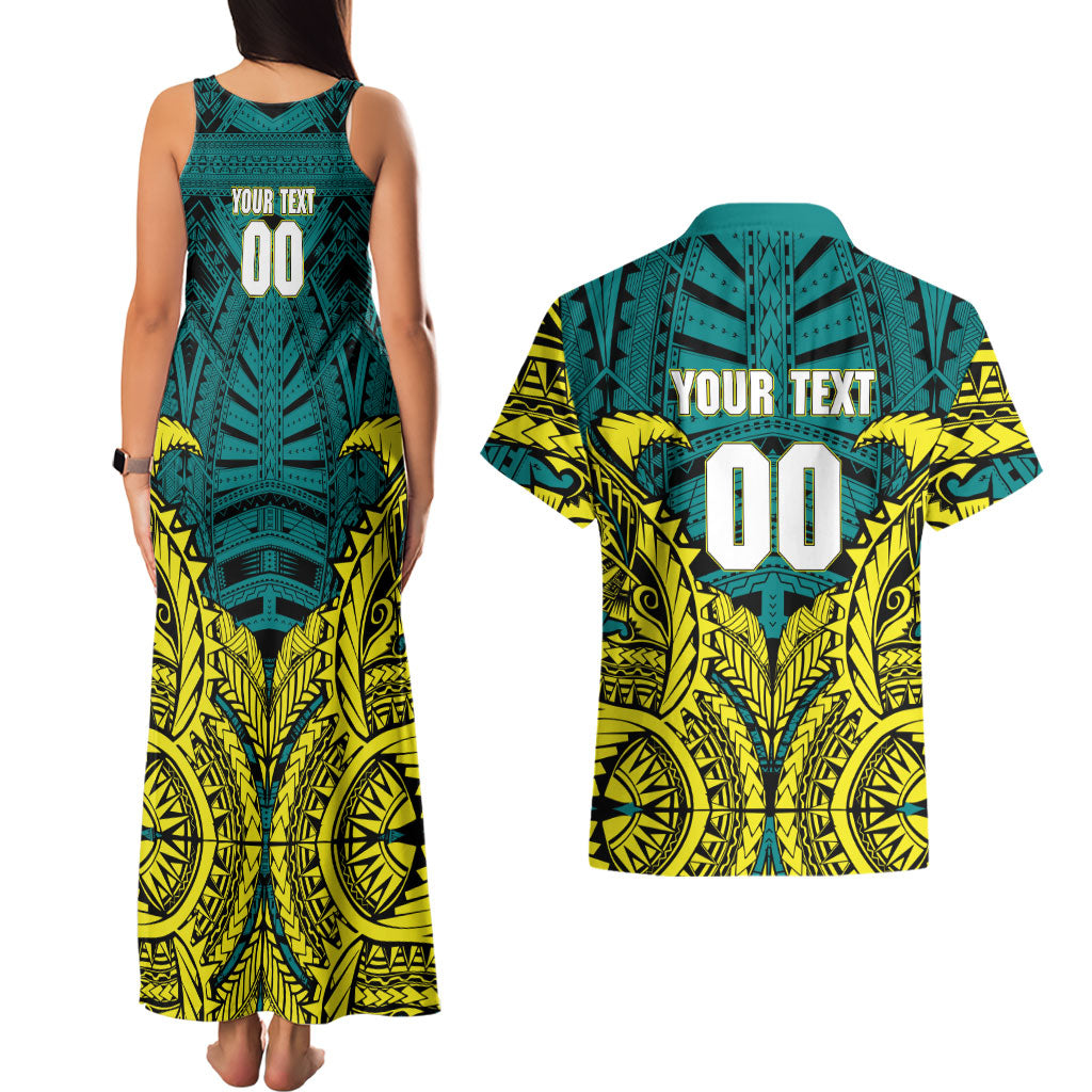Personalized Hockeyroos Kangaroo Field Hockey Couples Matching Tank Maxi Dress and Hawaiian Shirt Tribal Geometric Green Gold Symmetrical Pattern Design