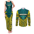 Personalized Hockeyroos Kangaroo Field Hockey Couples Matching Tank Maxi Dress and Long Sleeve Button Shirt Tribal Geometric Green Gold Symmetrical Pattern Design