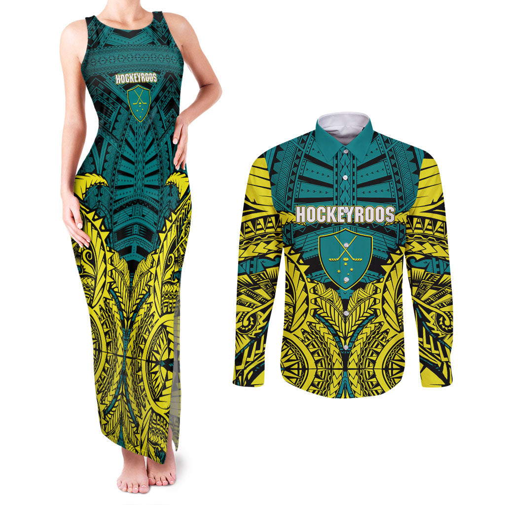 Personalized Hockeyroos Kangaroo Field Hockey Couples Matching Tank Maxi Dress and Long Sleeve Button Shirt Tribal Geometric Green Gold Symmetrical Pattern Design