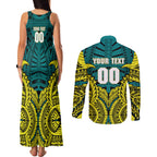 Personalized Hockeyroos Kangaroo Field Hockey Couples Matching Tank Maxi Dress and Long Sleeve Button Shirt Tribal Geometric Green Gold Symmetrical Pattern Design