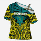 Personalized Hockeyroos Kangaroo Field Hockey Cross Shoulder Shirt Tribal Geometric Green Gold Symmetrical Pattern Design
