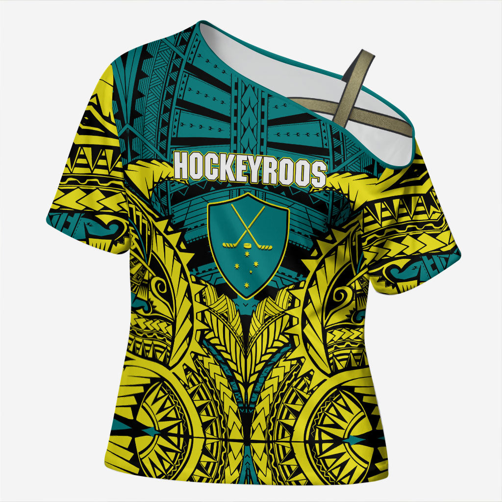 Personalized Hockeyroos Kangaroo Field Hockey Cross Shoulder Shirt Tribal Geometric Green Gold Symmetrical Pattern Design