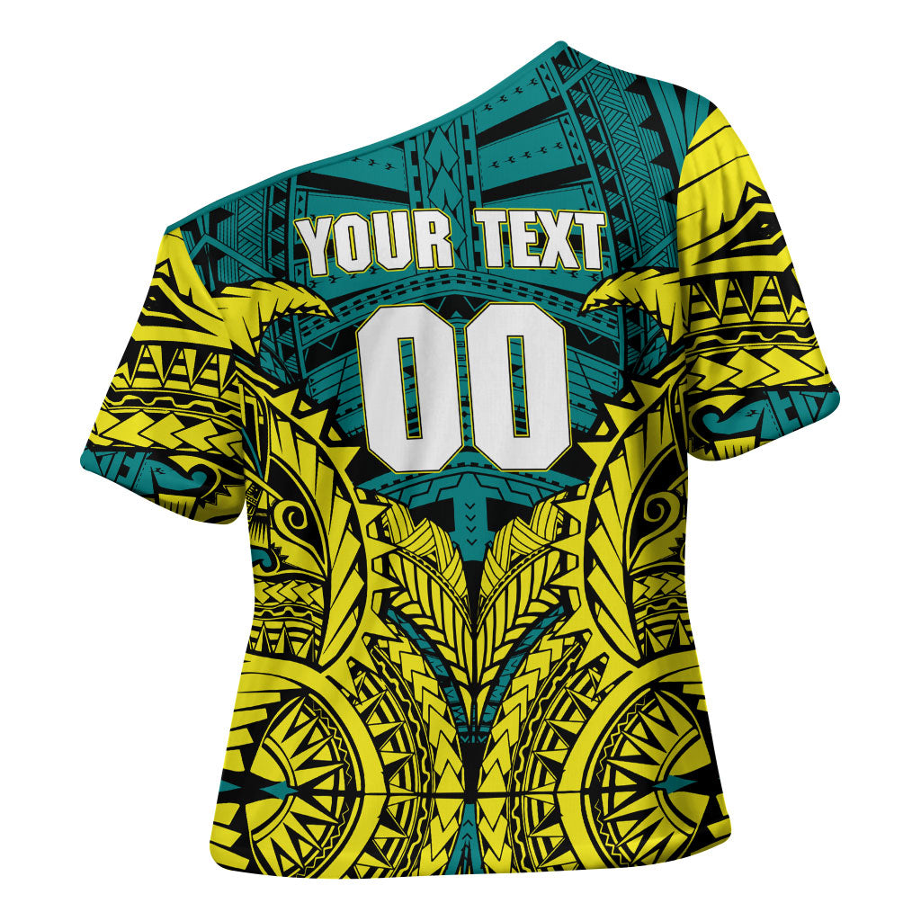 Personalized Hockeyroos Kangaroo Field Hockey Cross Shoulder Shirt Tribal Geometric Green Gold Symmetrical Pattern Design