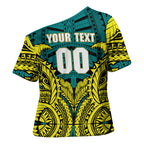 Personalized Hockeyroos Kangaroo Field Hockey Cross Shoulder Shirt Tribal Geometric Green Gold Symmetrical Pattern Design