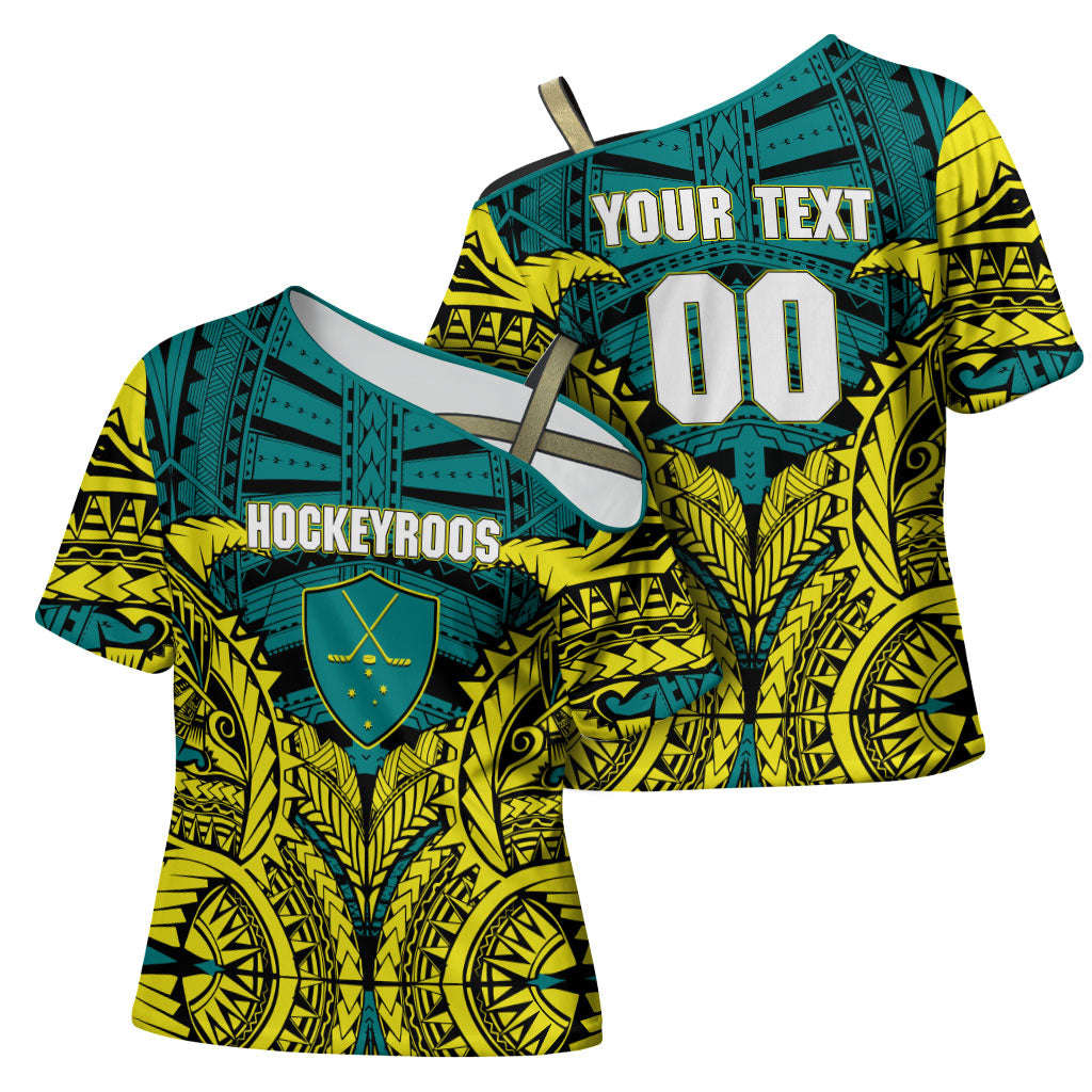 Personalized Hockeyroos Kangaroo Field Hockey Cross Shoulder Shirt Tribal Geometric Green Gold Symmetrical Pattern Design
