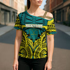 Personalized Hockeyroos Kangaroo Field Hockey Cross Shoulder Shirt Tribal Geometric Green Gold Symmetrical Pattern Design