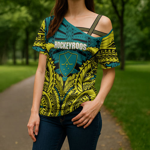 Personalized Hockeyroos Kangaroo Field Hockey Cross Shoulder Shirt Tribal Geometric Green Gold Symmetrical Pattern Design