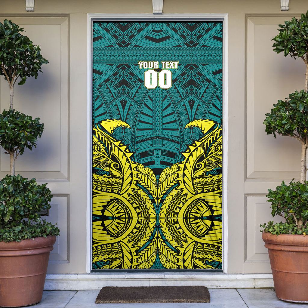 Personalized Hockeyroos Kangaroo Field Hockey Door Cover Tribal Geometric Green Gold Symmetrical Pattern Design