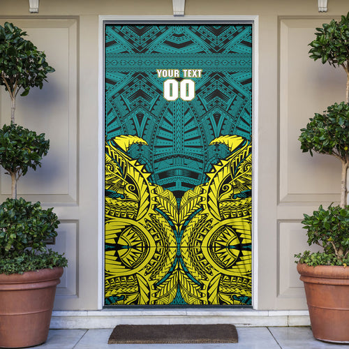 Personalized Hockeyroos Kangaroo Field Hockey Door Cover Tribal Geometric Green Gold Symmetrical Pattern Design