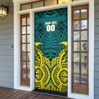 Personalized Hockeyroos Kangaroo Field Hockey Door Cover Tribal Geometric Green Gold Symmetrical Pattern Design