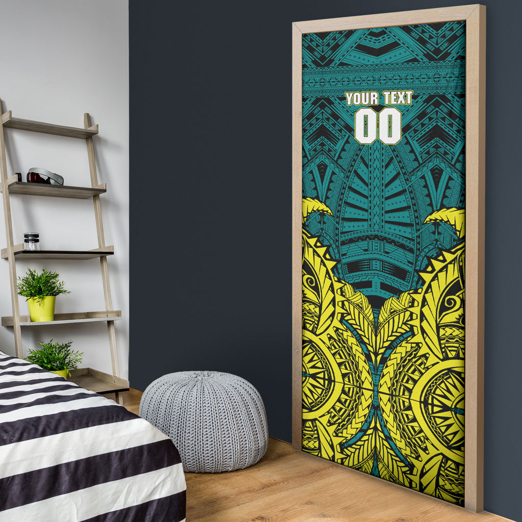 Personalized Hockeyroos Kangaroo Field Hockey Door Cover Tribal Geometric Green Gold Symmetrical Pattern Design
