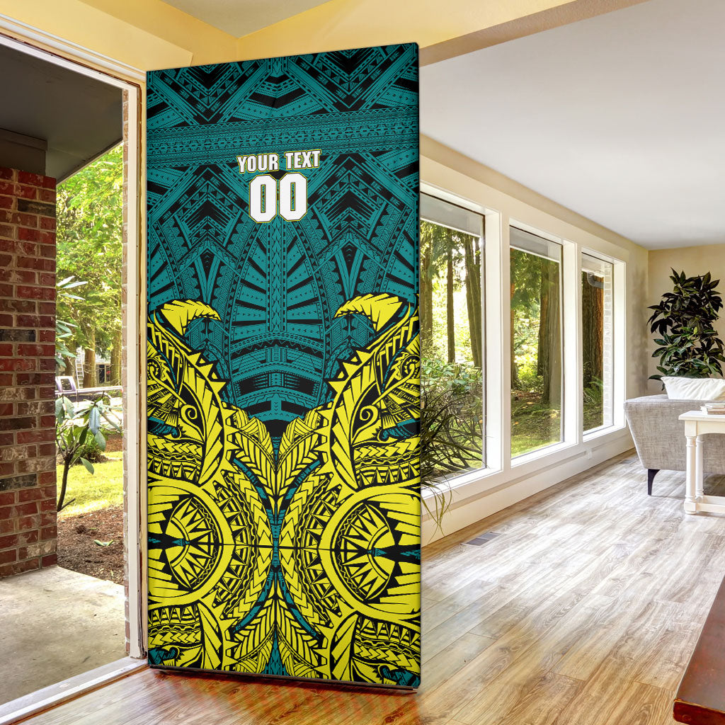 Personalized Hockeyroos Kangaroo Field Hockey Door Cover Tribal Geometric Green Gold Symmetrical Pattern Design