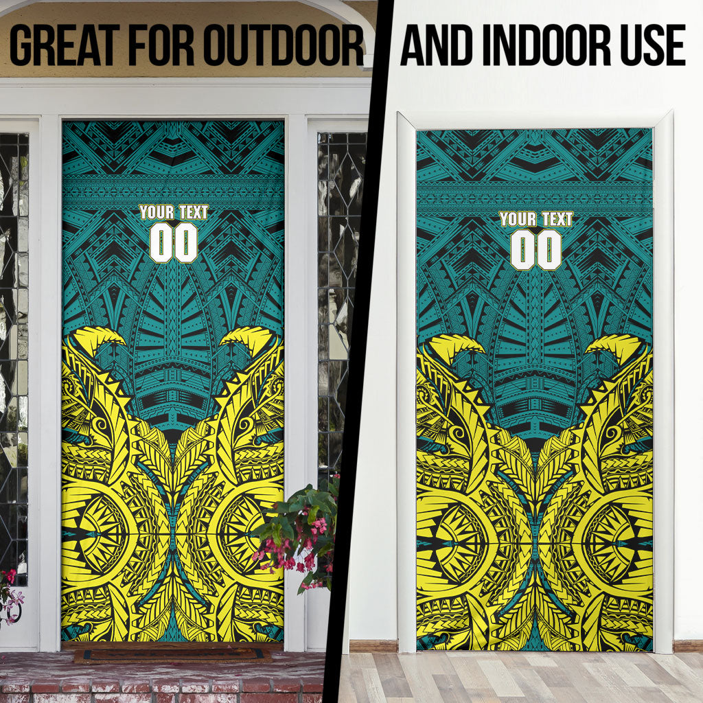 Personalized Hockeyroos Kangaroo Field Hockey Door Cover Tribal Geometric Green Gold Symmetrical Pattern Design