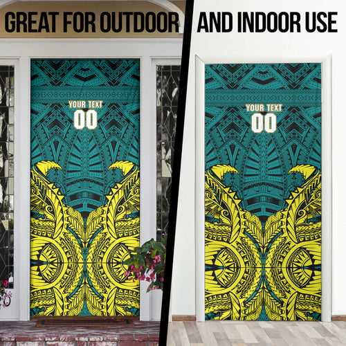 Personalized Hockeyroos Kangaroo Field Hockey Door Cover Tribal Geometric Green Gold Symmetrical Pattern Design