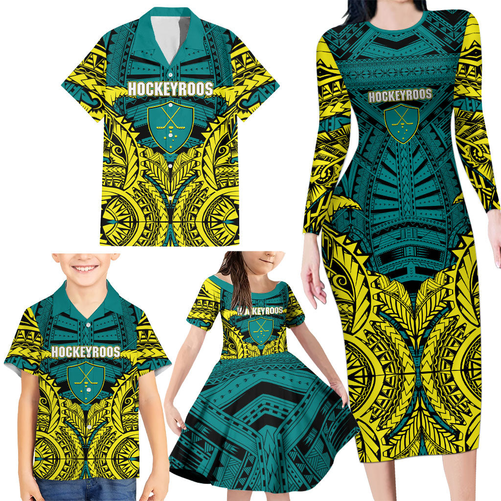Personalized Hockeyroos Kangaroo Field Hockey Family Matching Long Sleeve Bodycon Dress and Hawaiian Shirt Tribal Geometric Green Gold Symmetrical Pattern Design