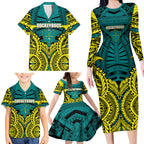 Personalized Hockeyroos Kangaroo Field Hockey Family Matching Long Sleeve Bodycon Dress and Hawaiian Shirt Tribal Geometric Green Gold Symmetrical Pattern Design