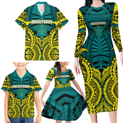 Personalized Hockeyroos Kangaroo Field Hockey Family Matching Long Sleeve Bodycon Dress and Hawaiian Shirt Tribal Geometric Green Gold Symmetrical Pattern Design