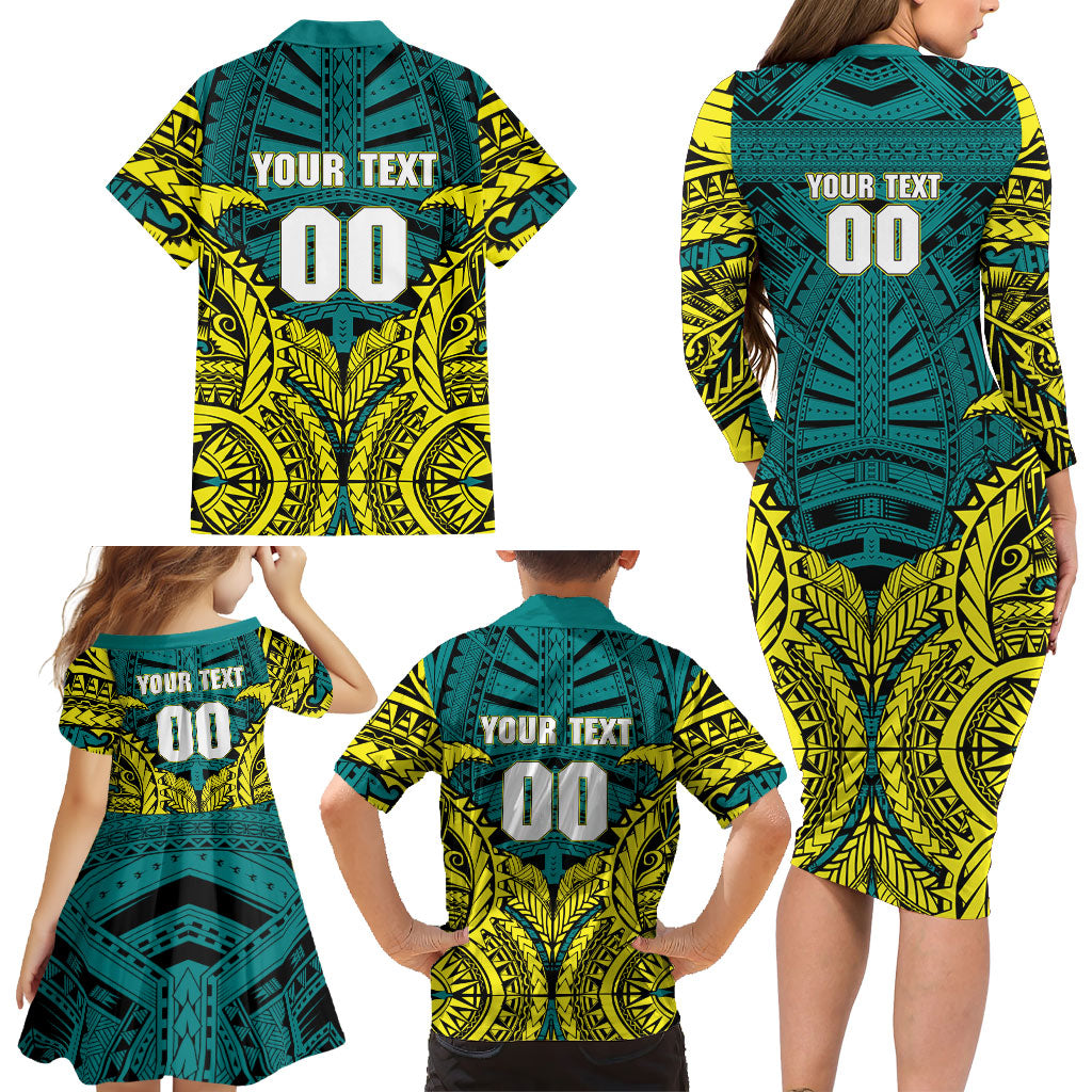 Personalized Hockeyroos Kangaroo Field Hockey Family Matching Long Sleeve Bodycon Dress and Hawaiian Shirt Tribal Geometric Green Gold Symmetrical Pattern Design