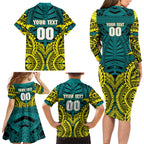 Personalized Hockeyroos Kangaroo Field Hockey Family Matching Long Sleeve Bodycon Dress and Hawaiian Shirt Tribal Geometric Green Gold Symmetrical Pattern Design
