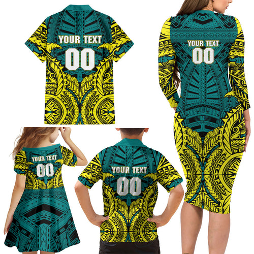 Personalized Hockeyroos Kangaroo Field Hockey Family Matching Long Sleeve Bodycon Dress and Hawaiian Shirt Tribal Geometric Green Gold Symmetrical Pattern Design