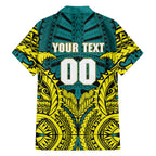 Personalized Hockeyroos Kangaroo Field Hockey Family Matching Long Sleeve Bodycon Dress and Hawaiian Shirt Tribal Geometric Green Gold Symmetrical Pattern Design