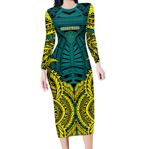 Personalized Hockeyroos Kangaroo Field Hockey Family Matching Long Sleeve Bodycon Dress and Hawaiian Shirt Tribal Geometric Green Gold Symmetrical Pattern Design