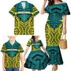 Personalized Hockeyroos Kangaroo Field Hockey Family Matching Mermaid Dress and Hawaiian Shirt Tribal Geometric Green Gold Symmetrical Pattern Design