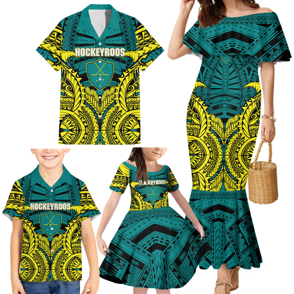 Personalized Hockeyroos Kangaroo Field Hockey Family Matching Mermaid Dress and Hawaiian Shirt Tribal Geometric Green Gold Symmetrical Pattern Design