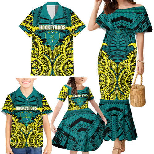 Personalized Hockeyroos Kangaroo Field Hockey Family Matching Mermaid Dress and Hawaiian Shirt Tribal Geometric Green Gold Symmetrical Pattern Design