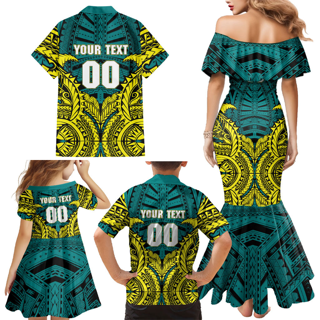 Personalized Hockeyroos Kangaroo Field Hockey Family Matching Mermaid Dress and Hawaiian Shirt Tribal Geometric Green Gold Symmetrical Pattern Design