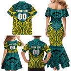 Personalized Hockeyroos Kangaroo Field Hockey Family Matching Mermaid Dress and Hawaiian Shirt Tribal Geometric Green Gold Symmetrical Pattern Design