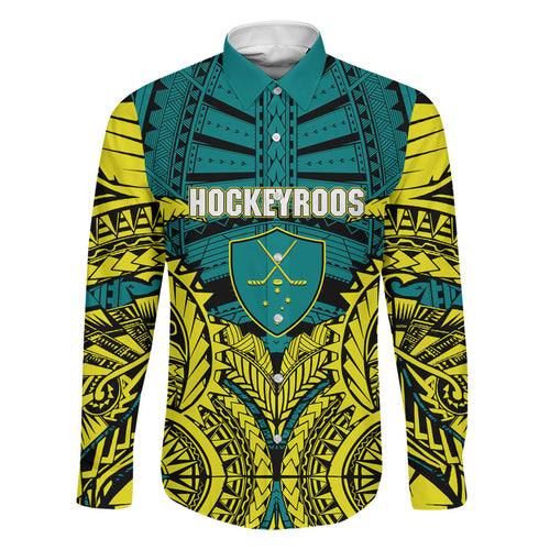 Personalized Hockeyroos Kangaroo Field Hockey Family Matching Mermaid Dress and Hawaiian Shirt Tribal Geometric Green Gold Symmetrical Pattern Design