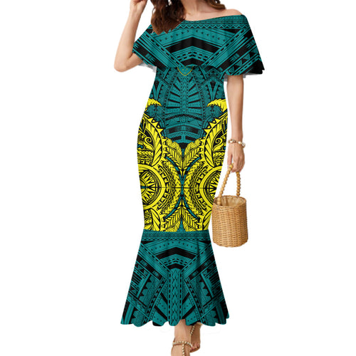 Personalized Hockeyroos Kangaroo Field Hockey Family Matching Mermaid Dress and Hawaiian Shirt Tribal Geometric Green Gold Symmetrical Pattern Design