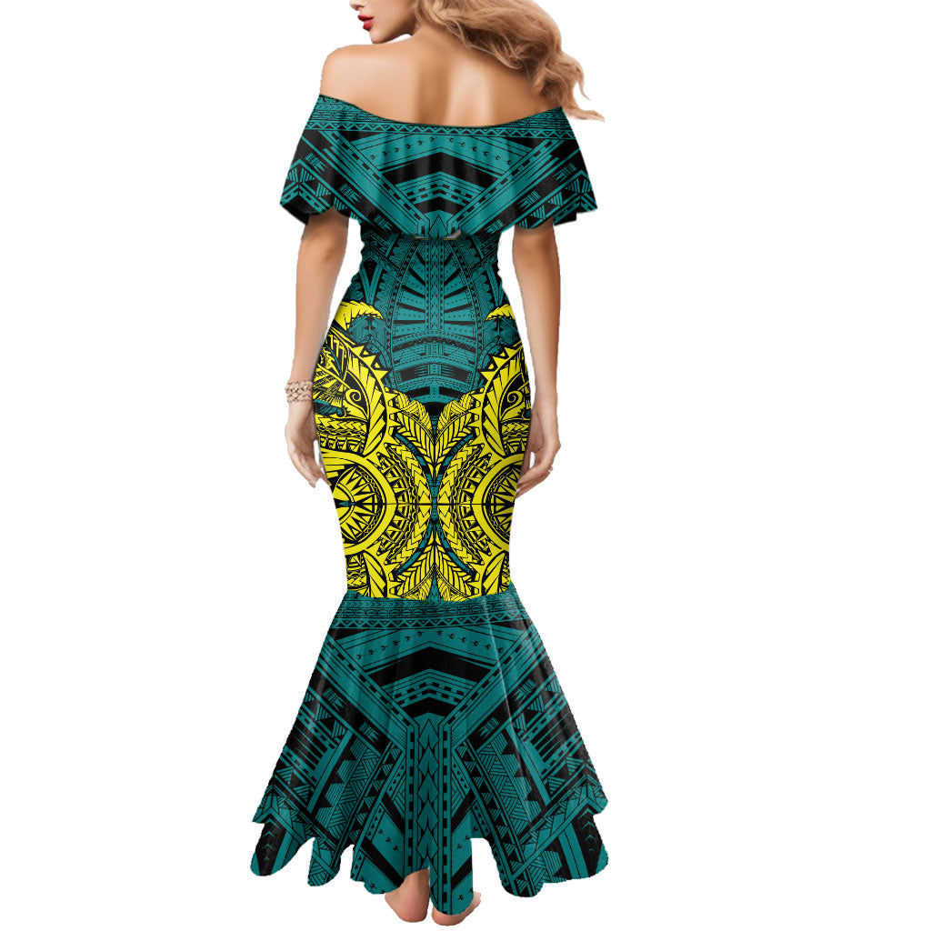 Personalized Hockeyroos Kangaroo Field Hockey Family Matching Mermaid Dress and Hawaiian Shirt Tribal Geometric Green Gold Symmetrical Pattern Design