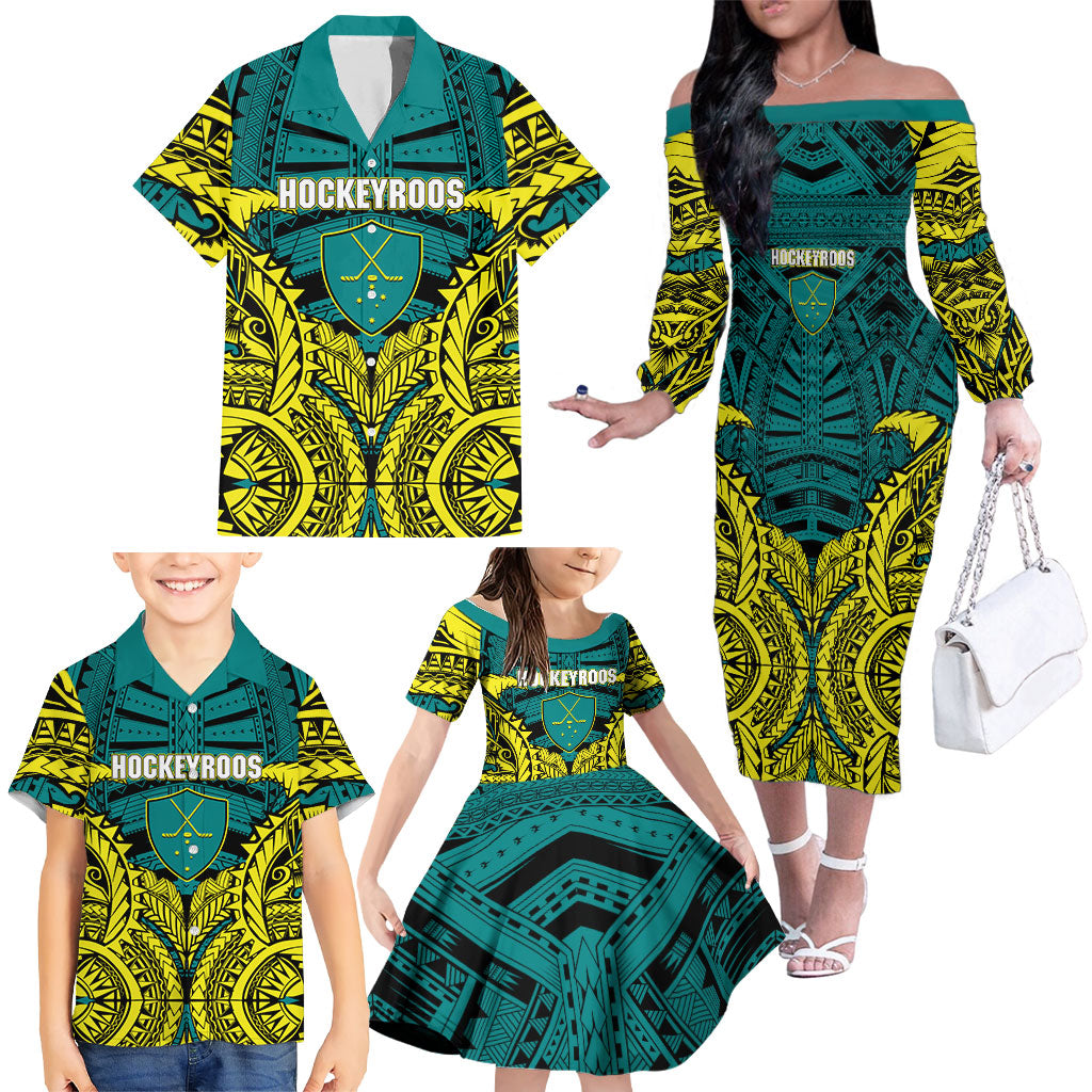 Personalized Hockeyroos Kangaroo Field Hockey Family Matching Off The Shoulder Long Sleeve Dress and Hawaiian Shirt Tribal Geometric Green Gold Symmetrical Pattern Design