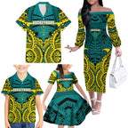 Personalized Hockeyroos Kangaroo Field Hockey Family Matching Off The Shoulder Long Sleeve Dress and Hawaiian Shirt Tribal Geometric Green Gold Symmetrical Pattern Design