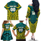 Personalized Hockeyroos Kangaroo Field Hockey Family Matching Off The Shoulder Long Sleeve Dress and Hawaiian Shirt Tribal Geometric Green Gold Symmetrical Pattern Design