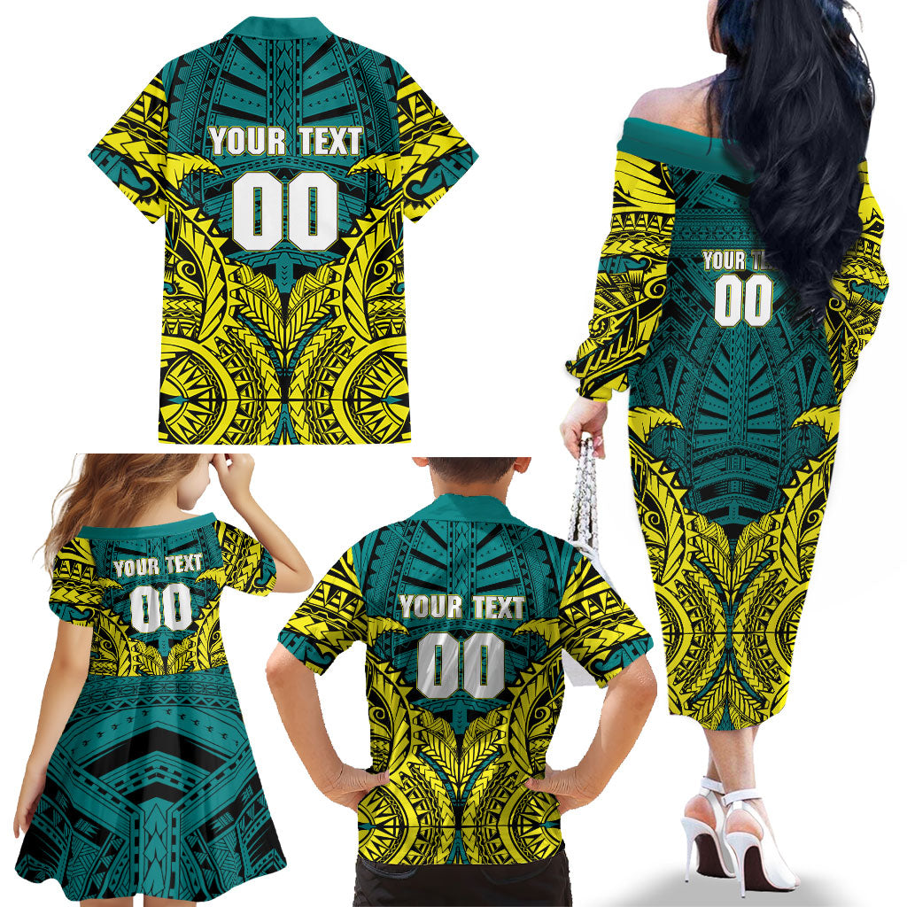 Personalized Hockeyroos Kangaroo Field Hockey Family Matching Off The Shoulder Long Sleeve Dress and Hawaiian Shirt Tribal Geometric Green Gold Symmetrical Pattern Design