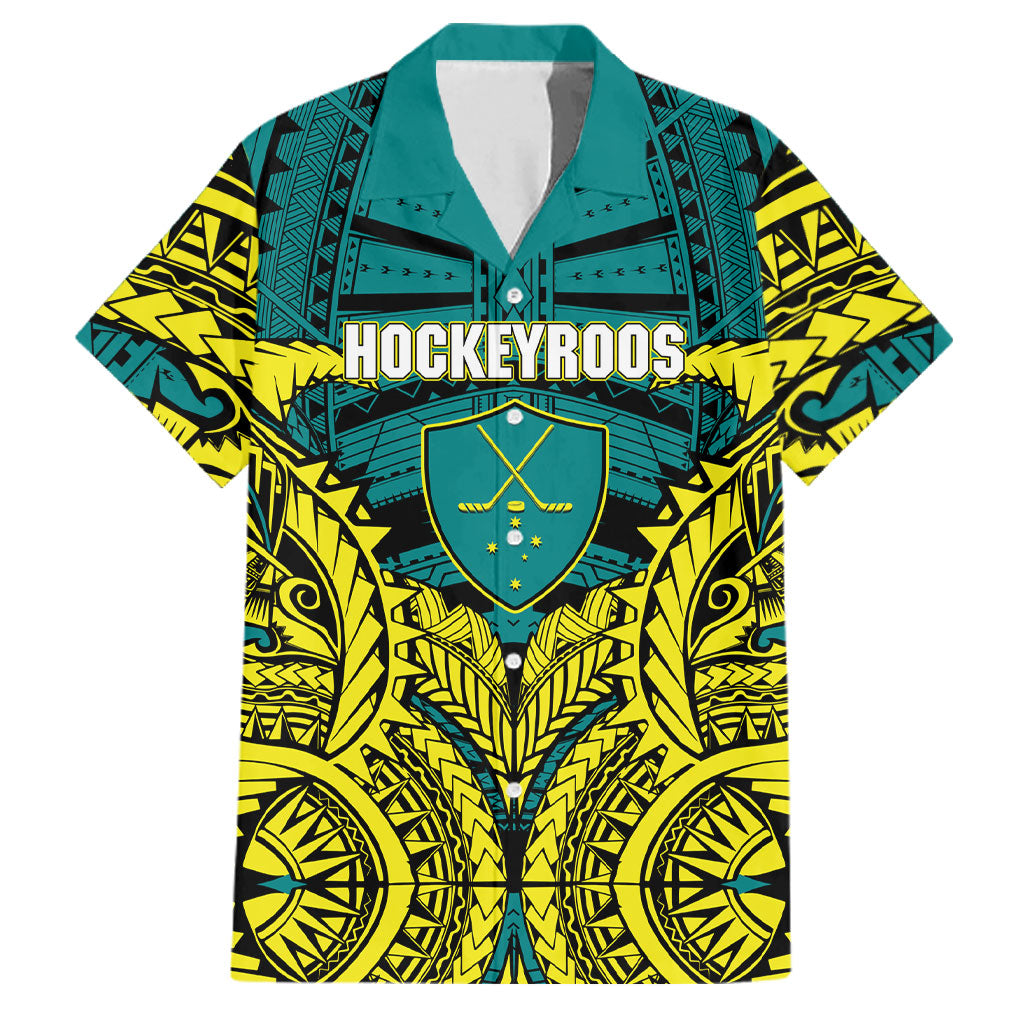 Personalized Hockeyroos Kangaroo Field Hockey Family Matching Off The Shoulder Long Sleeve Dress and Hawaiian Shirt Tribal Geometric Green Gold Symmetrical Pattern Design