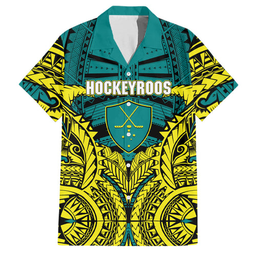 Personalized Hockeyroos Kangaroo Field Hockey Family Matching Off The Shoulder Long Sleeve Dress and Hawaiian Shirt Tribal Geometric Green Gold Symmetrical Pattern Design
