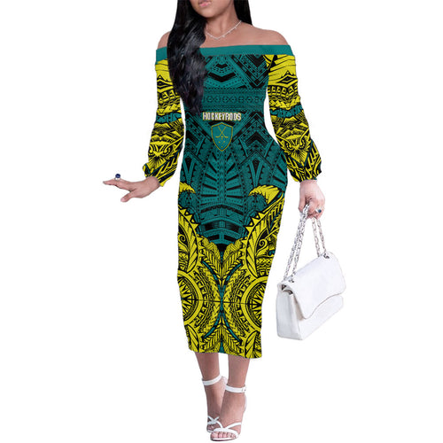 Personalized Hockeyroos Kangaroo Field Hockey Family Matching Off The Shoulder Long Sleeve Dress and Hawaiian Shirt Tribal Geometric Green Gold Symmetrical Pattern Design