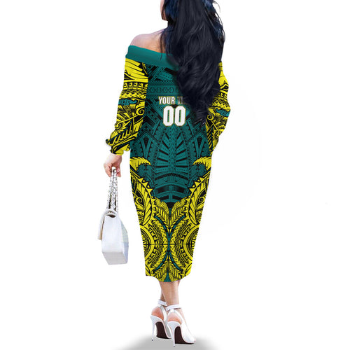 Personalized Hockeyroos Kangaroo Field Hockey Family Matching Off The Shoulder Long Sleeve Dress and Hawaiian Shirt Tribal Geometric Green Gold Symmetrical Pattern Design
